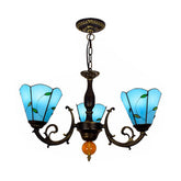 Lámpara de araña vintage con vidrieras azules, estilo industrial con 3 luces y diseño de hoja invertida